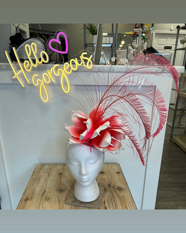 Coral & White Fascinator w/Coral Feathers