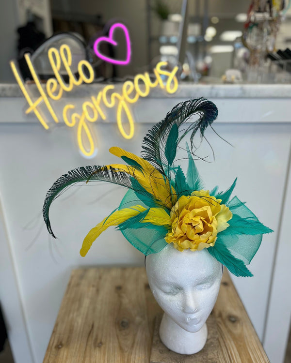 Teal Headband w/Yellow Flower & Peacock Feathers