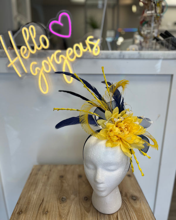 Navy Headband w/Blue And Yellow Flowers