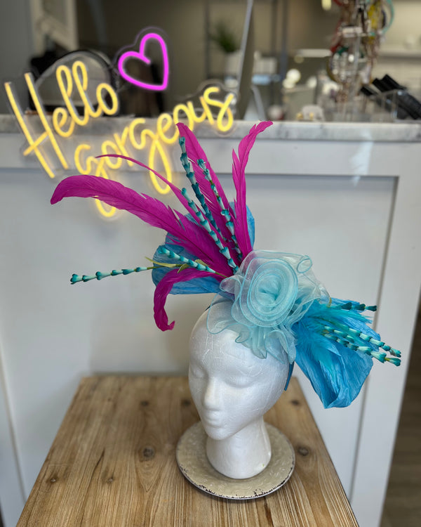 Sky Blue Headband w/Magenta Feathers And Blue Flower