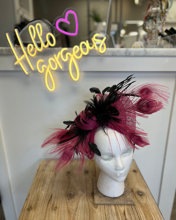 Magenta Headband  w/Black Feathers