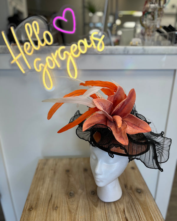 Black And Orange Fascinator w/Orange Feathers