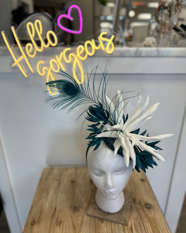 Deep Teal Fascinator w/White Flower