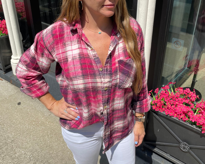 Fuschia Bleached Out Flannel Top